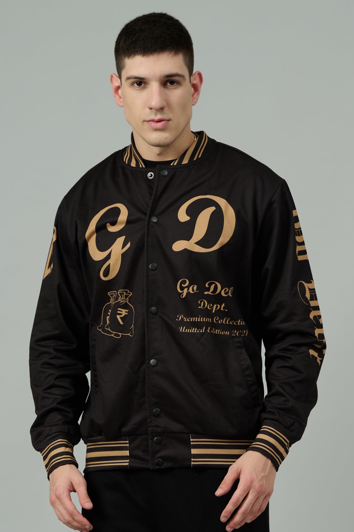 Skull (in Golden) Printed Black Varsity Jacket for Men