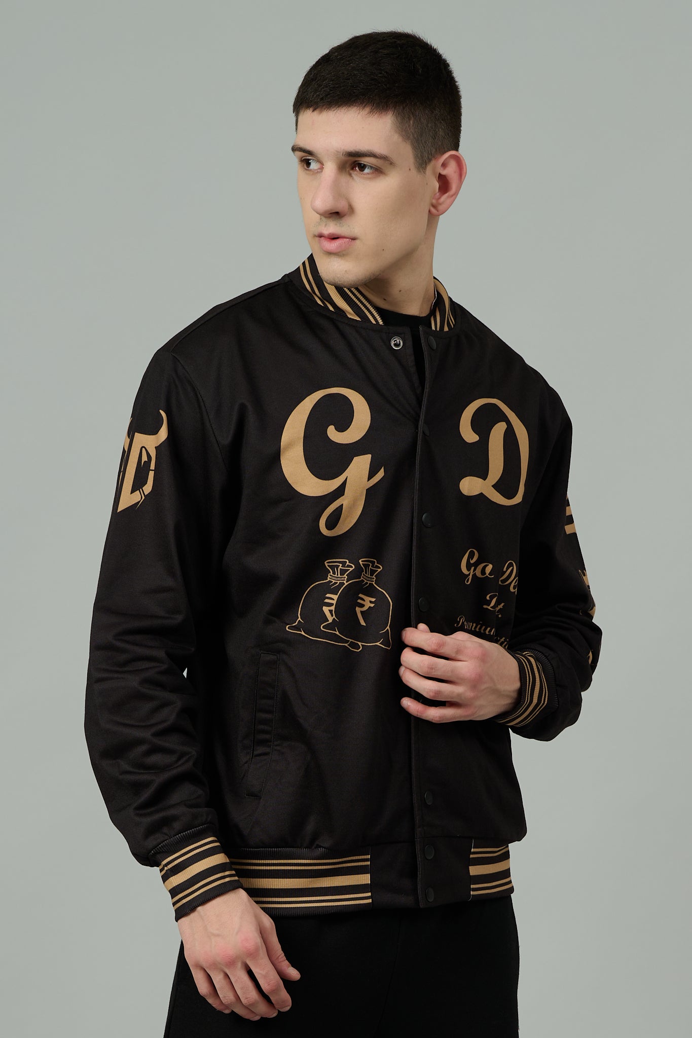 Skull (in Golden) Printed Black Varsity Jacket for Men