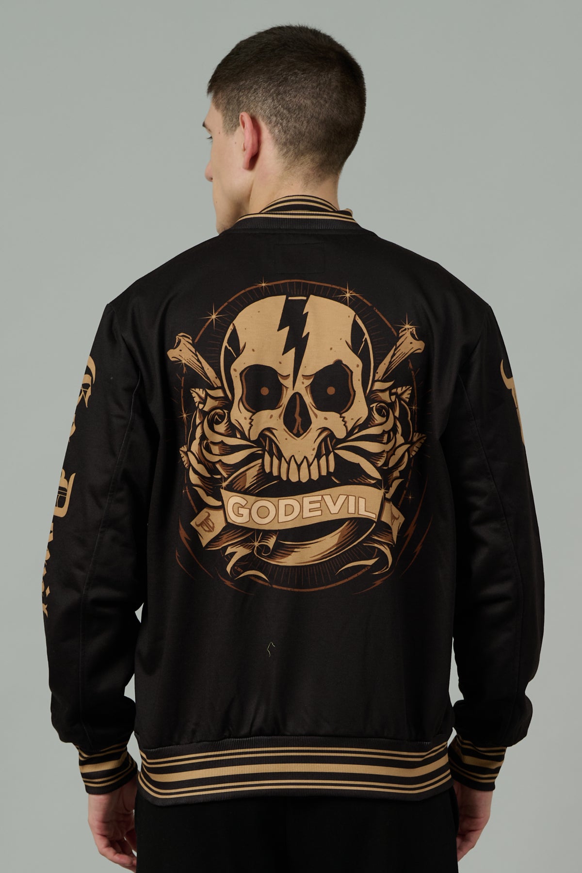 Skull (in Golden) Printed Black Varsity Jacket for Men