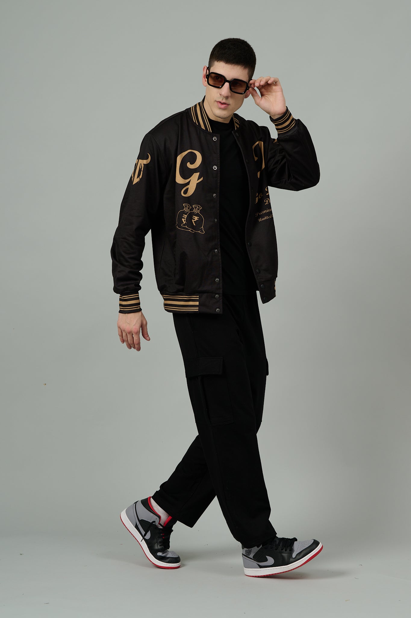 Skull (in Golden) Printed Black Varsity Jacket for Men