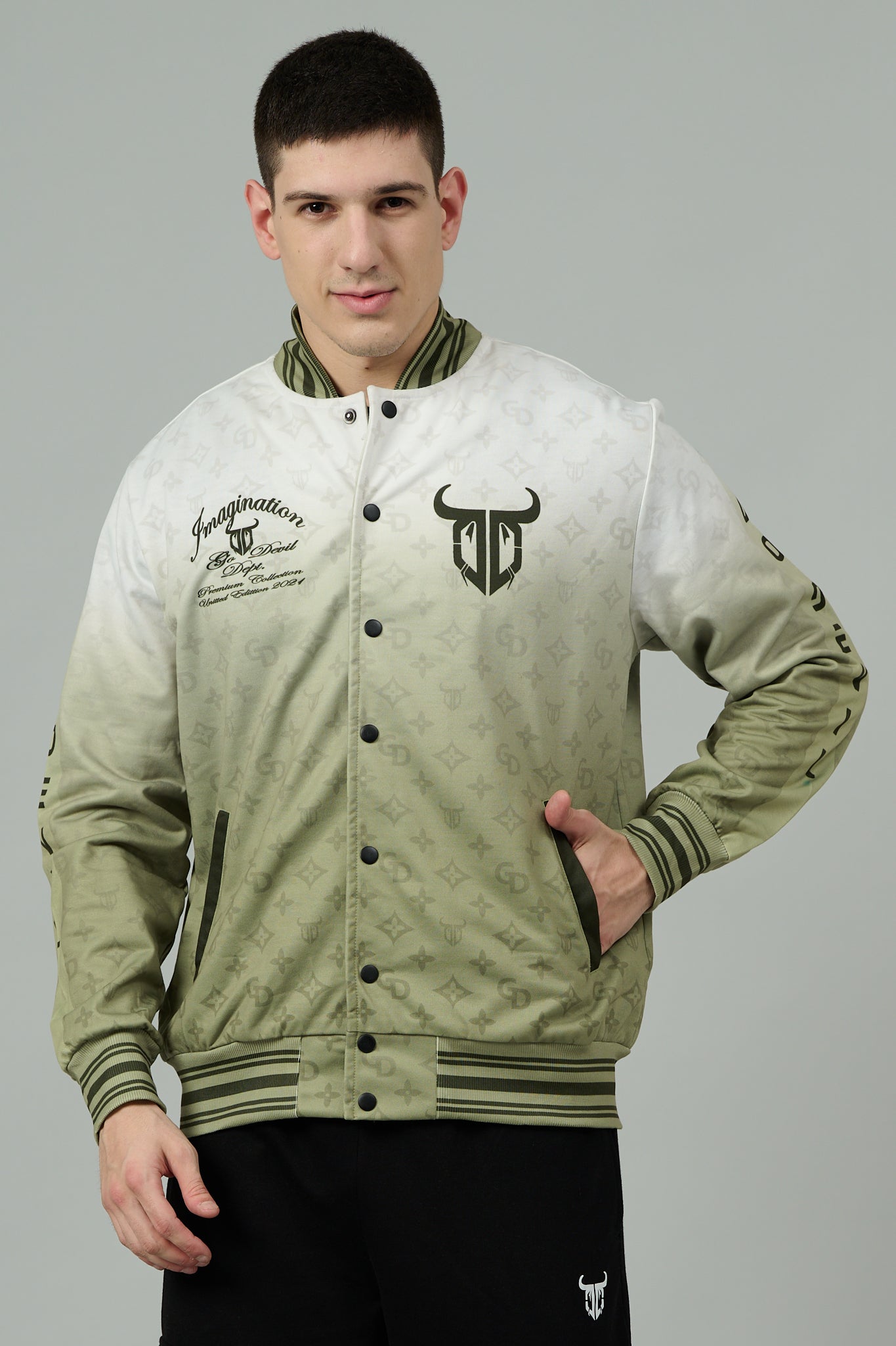 666 Imagination White and Green Varsity Jacket for Men Go Devil