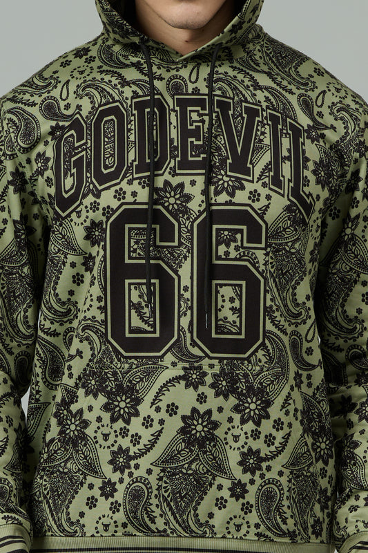 Go Devil 66 & Paisley Design Printed Sage Green Hooded Cord Set for Men
