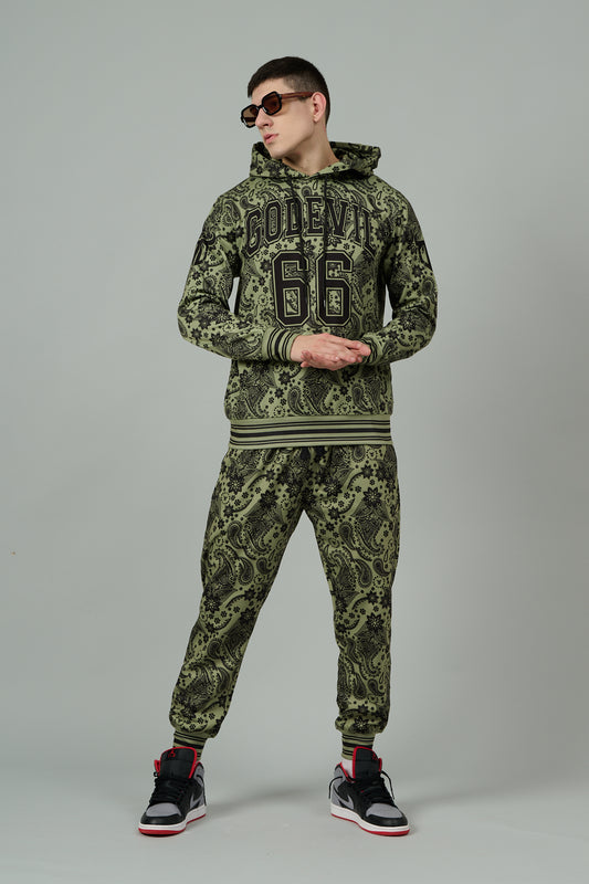 Go Devil 66 & Paisley Design Printed Sage Green Hooded Cord Set for Men