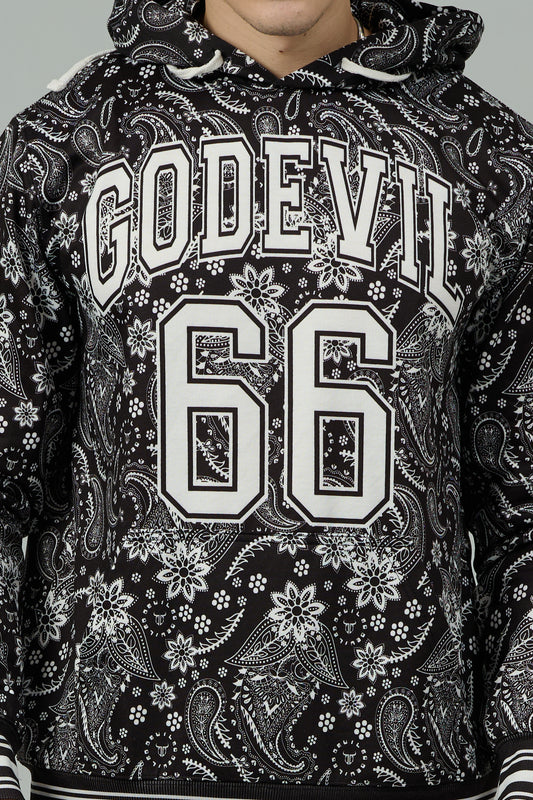 Go Devil 66 & Paisley Design Printed Black Hooded Cord Set for Men