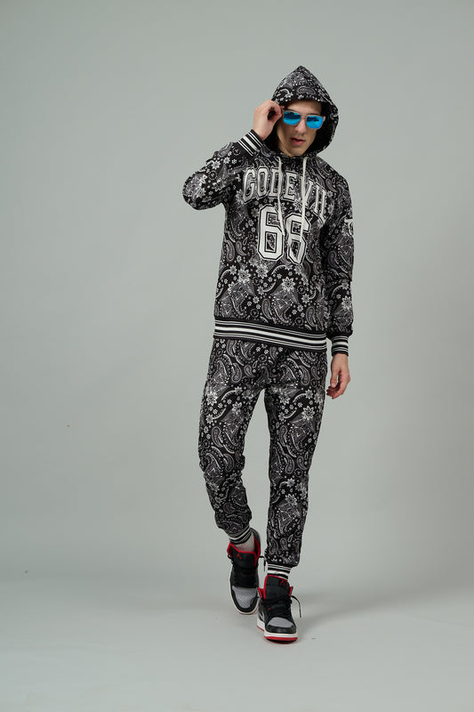 Go Devil 66 & Paisley Design Printed Black Hooded Cord Set for Men