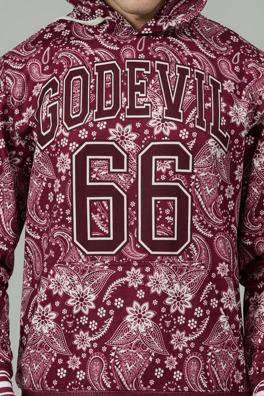 Go Devil 66 & Paisley Design Printed Red Hooded Cord Set for Men