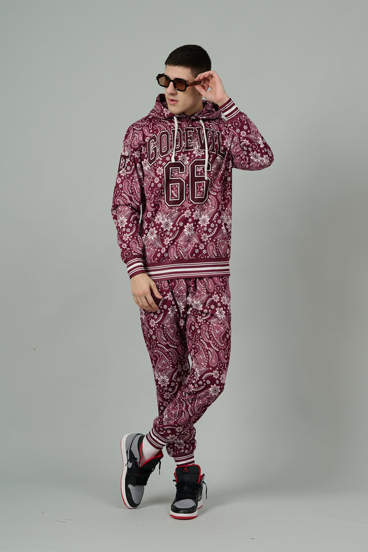 Go Devil 66 & Paisley Design Printed Red Hooded Cord Set for Men