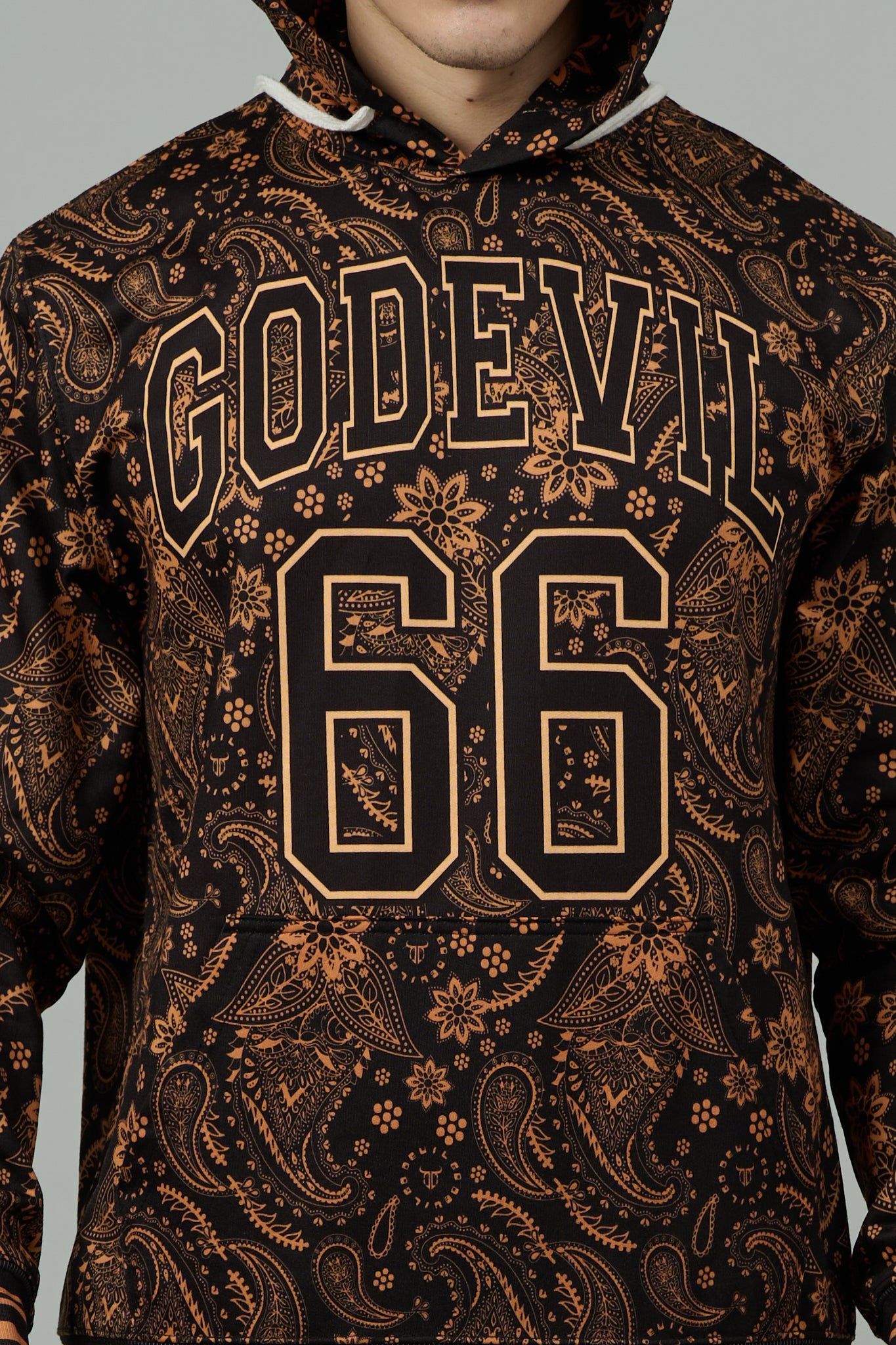 Go Devil 66 & Paisley Design (in Brown) Printed Black Hooded Cord Set for Men