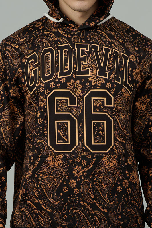 Go Devil 66 & Golden Paisley Design (in Brown) Printed Black Hooded Cord Set for Men
