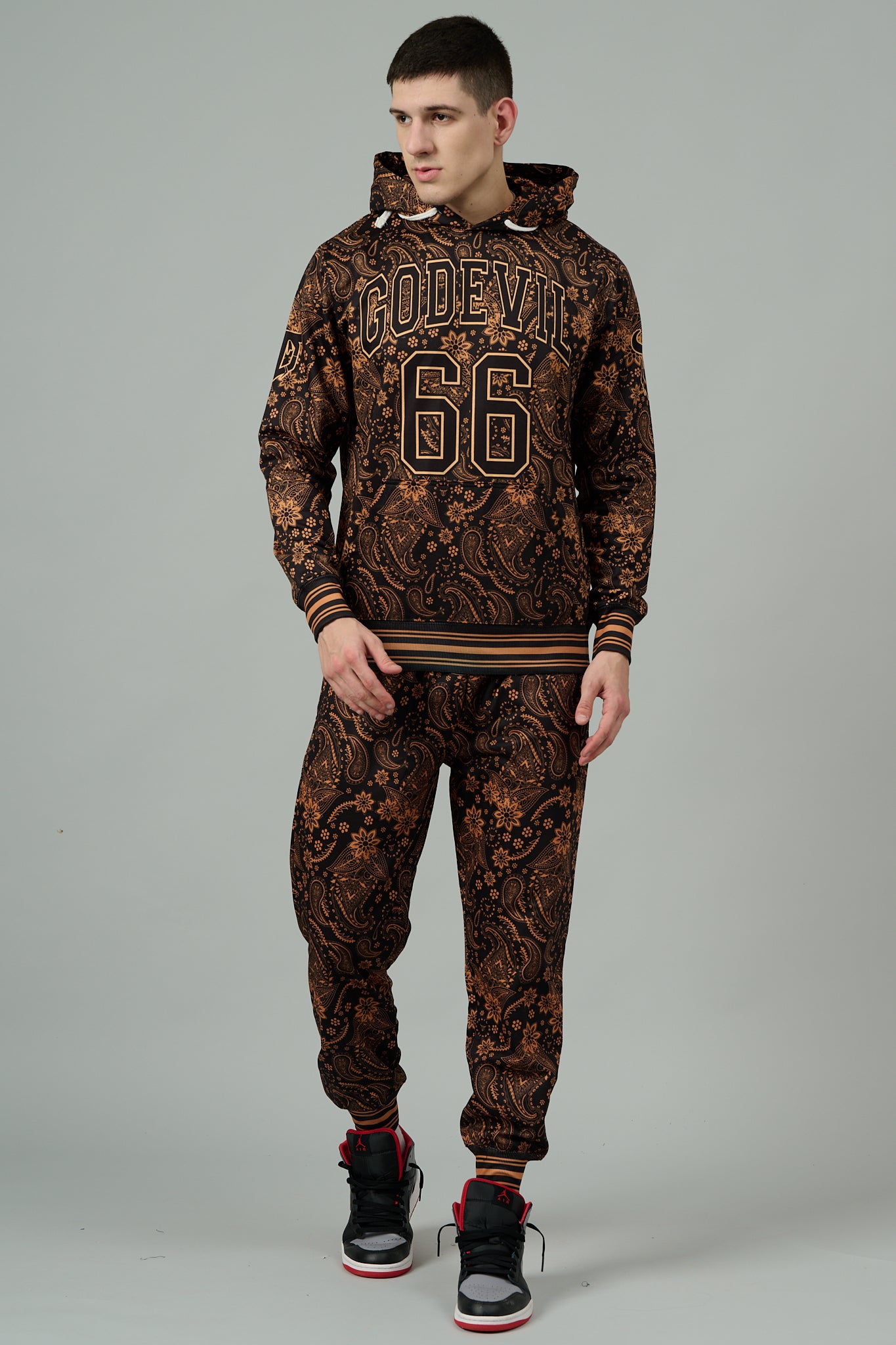 Go Devil 66 & Paisley Design (in Brown) Printed Black Hooded Cord Set for Men