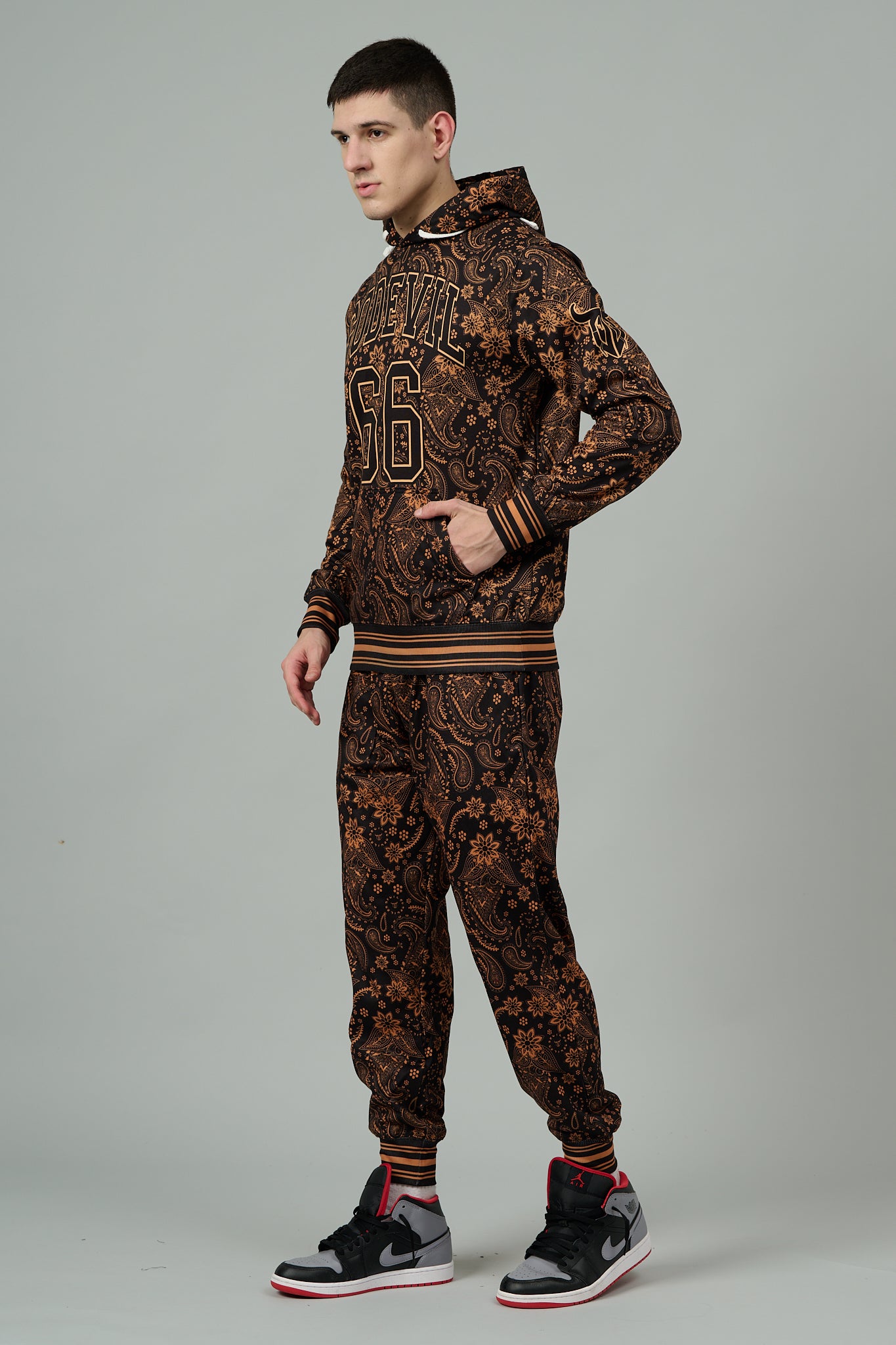 Go Devil 66 & Paisley Design (in Brown) Printed Black Hooded Cord Set for Men