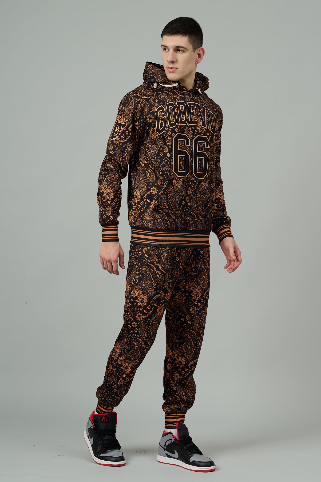 Go Devil 66 & Paisley Design (in Brown) Printed Black Hooded Cord Set for Men