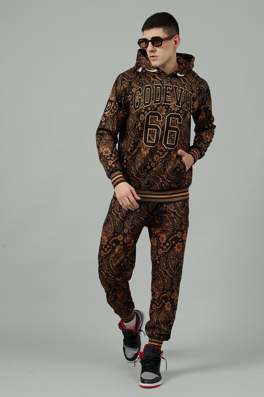 Go Devil 66 & Golden Paisley Design (in Brown) Printed Black Hooded Cord Set for Men