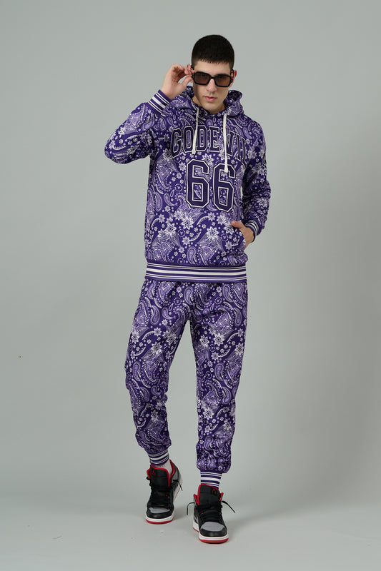 Go Devil 66 & Paisley Design Printed Purple Hooded Cord Set for Men