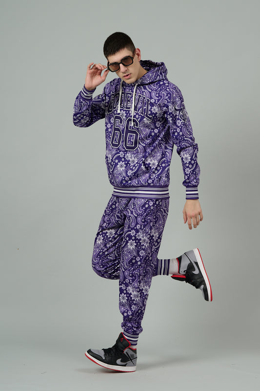 Go Devil 66 & Paisley Design Printed Purple Hooded Cord Set for Men