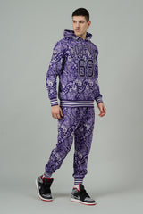 Go Devil 66 & Paisley Design Printed Purple Hooded Cord Set for Men