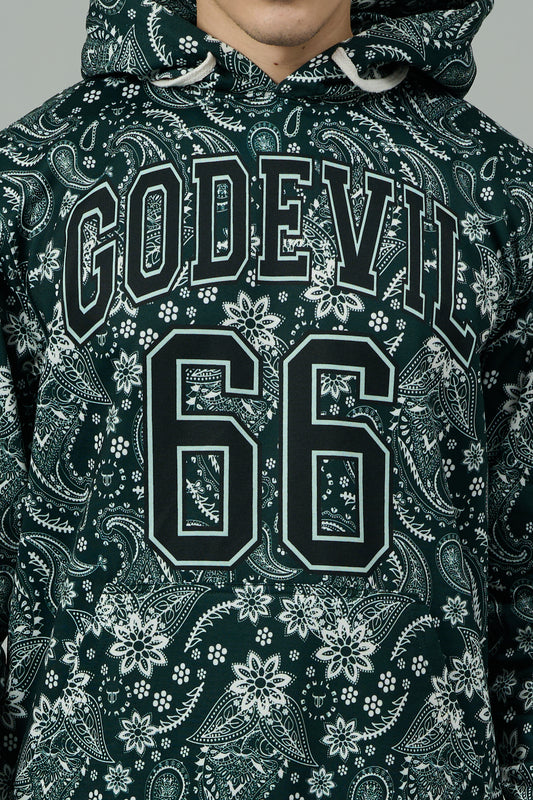 Go Devil 66 & Paisley Design Printed Dark Green Hooded Cord Set for Men