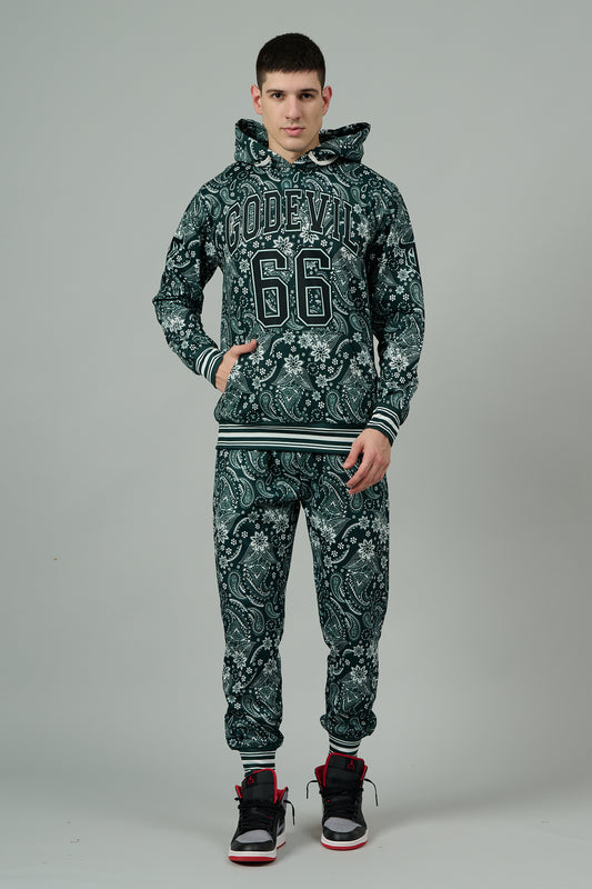 Go Devil 66 & Paisley Design Printed Dark Green Hooded Cord Set for Men