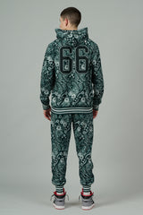 Go Devil 66 & Paisley Design Printed Dark Green Hooded Cord Set for Men