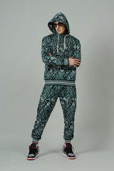 Go Devil 66 & Paisley Design Printed Dark Green Hooded Cord Set for Men