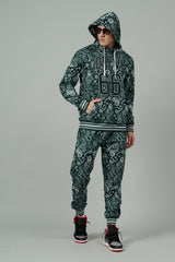 Go Devil 66 & Paisley Design Printed Dark Green Hooded Cord Set for Men