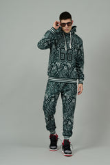 Go Devil 66 & Paisley Design Printed Dark Green Hooded Cord Set for Men
