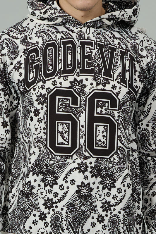 Go Devil 66 & Paisley Design Printed White Hooded Cord Set for Men