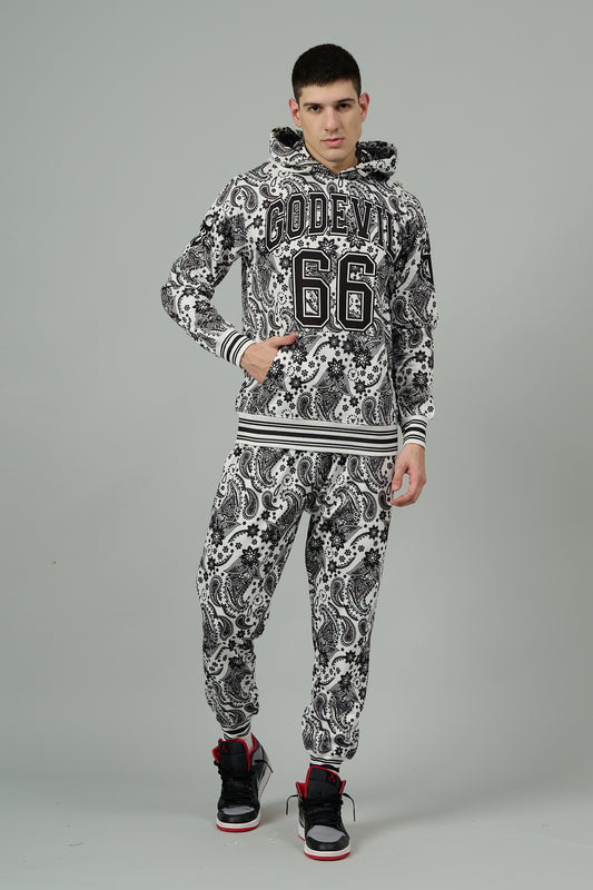 Go Devil 66 & Paisley Design Printed White Hooded Cord Set for Men