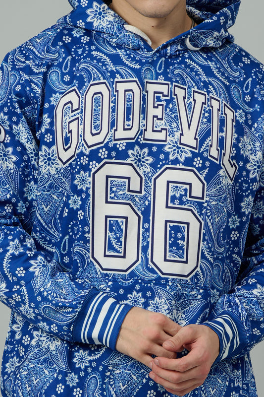 Go Devil 66 & Paisley Design Printed Blue Hooded Cord Set for Men