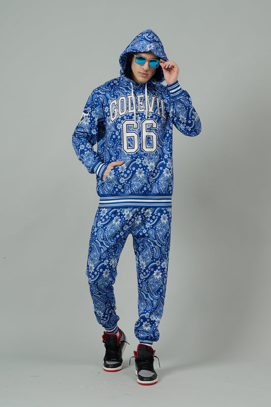 Go Devil 66 & Paisley Design Printed Blue Hooded Cord Set for Men