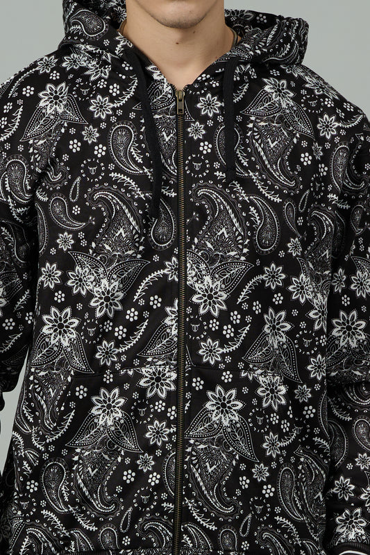 Paisley Design Printed Black  Zipper Hoodie Cord Set for Men
