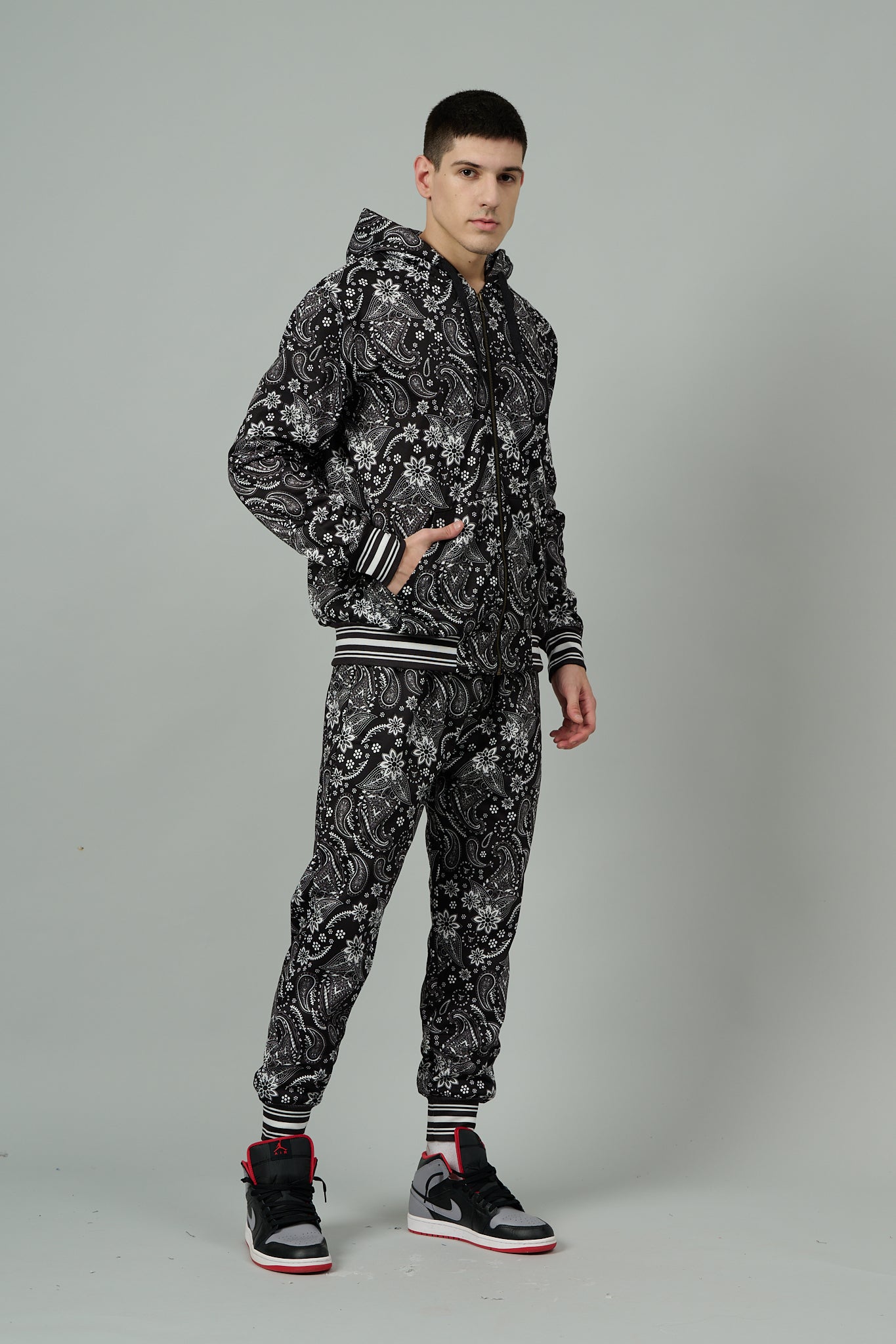 Paisley Design Printed Black Hoodie for Men