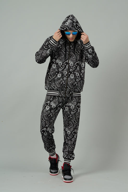 Paisley Design Printed Black  Zipper Hoodie Cord Set for Men