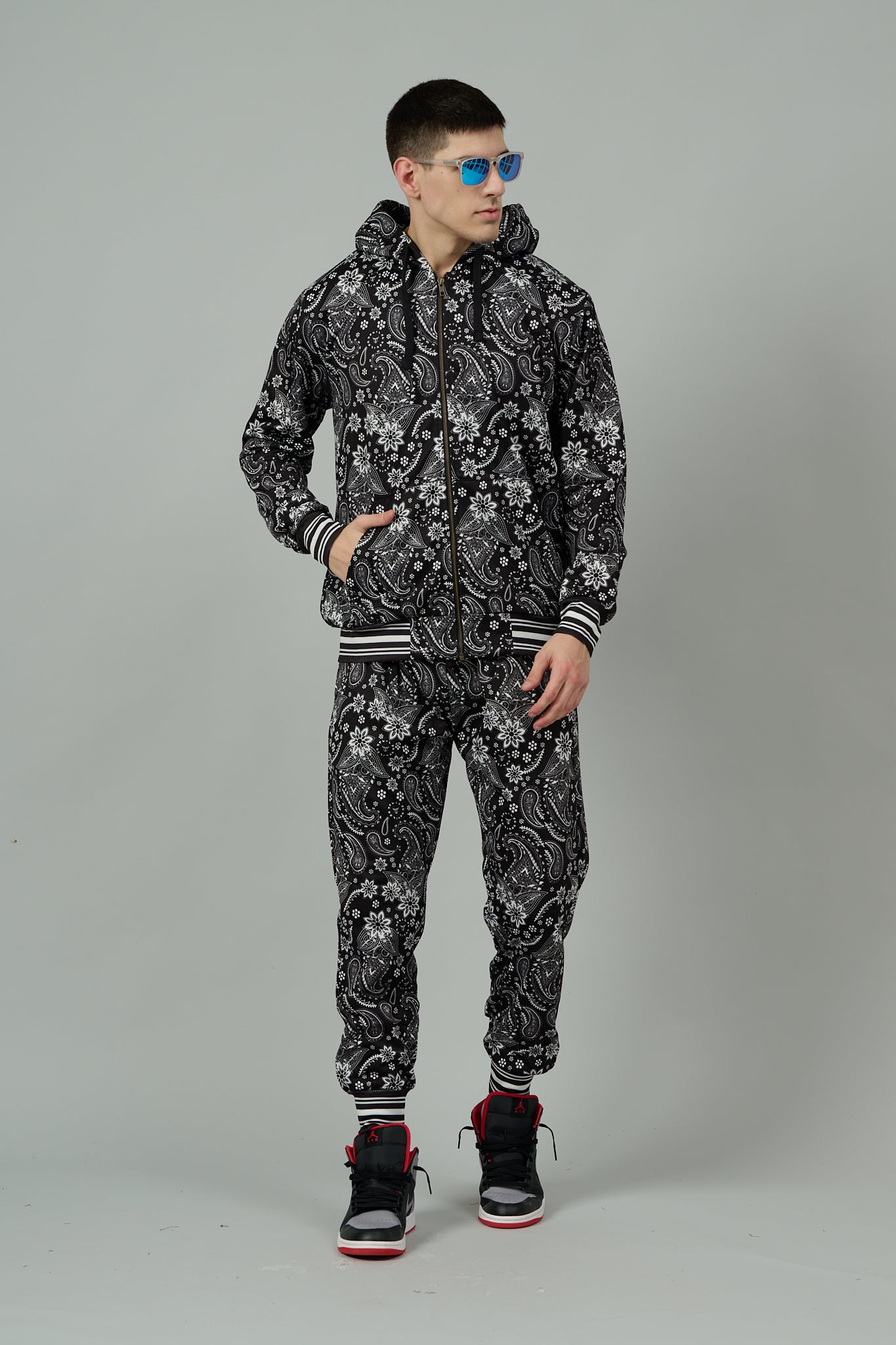 Paisley Design Printed Black Hoodie for Men