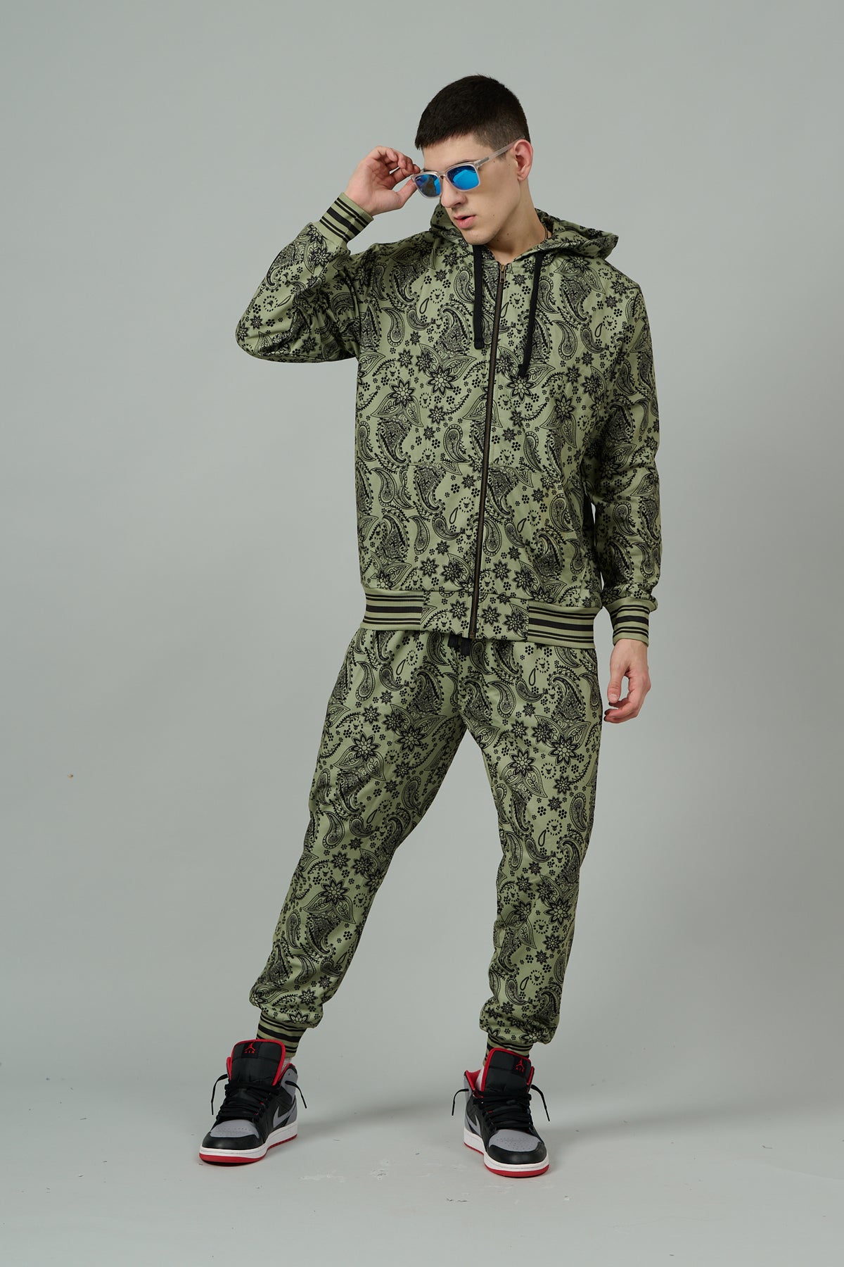 Paisley Design Printed Green Zipper Hoodie for Men