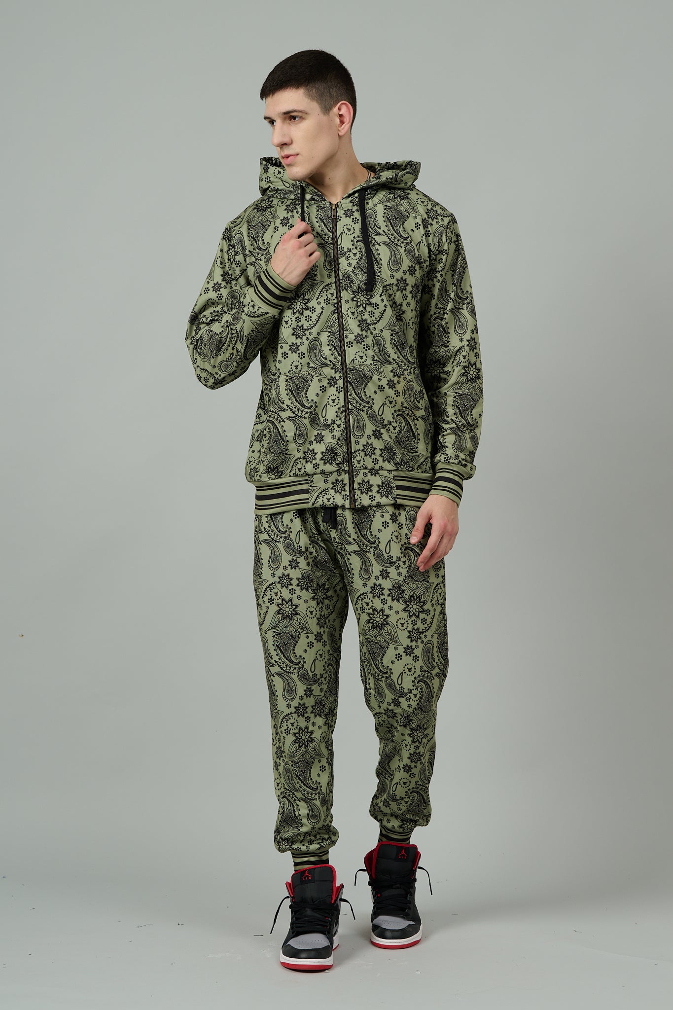 Paisley Design Printed Green Zipper Hoodie for Men