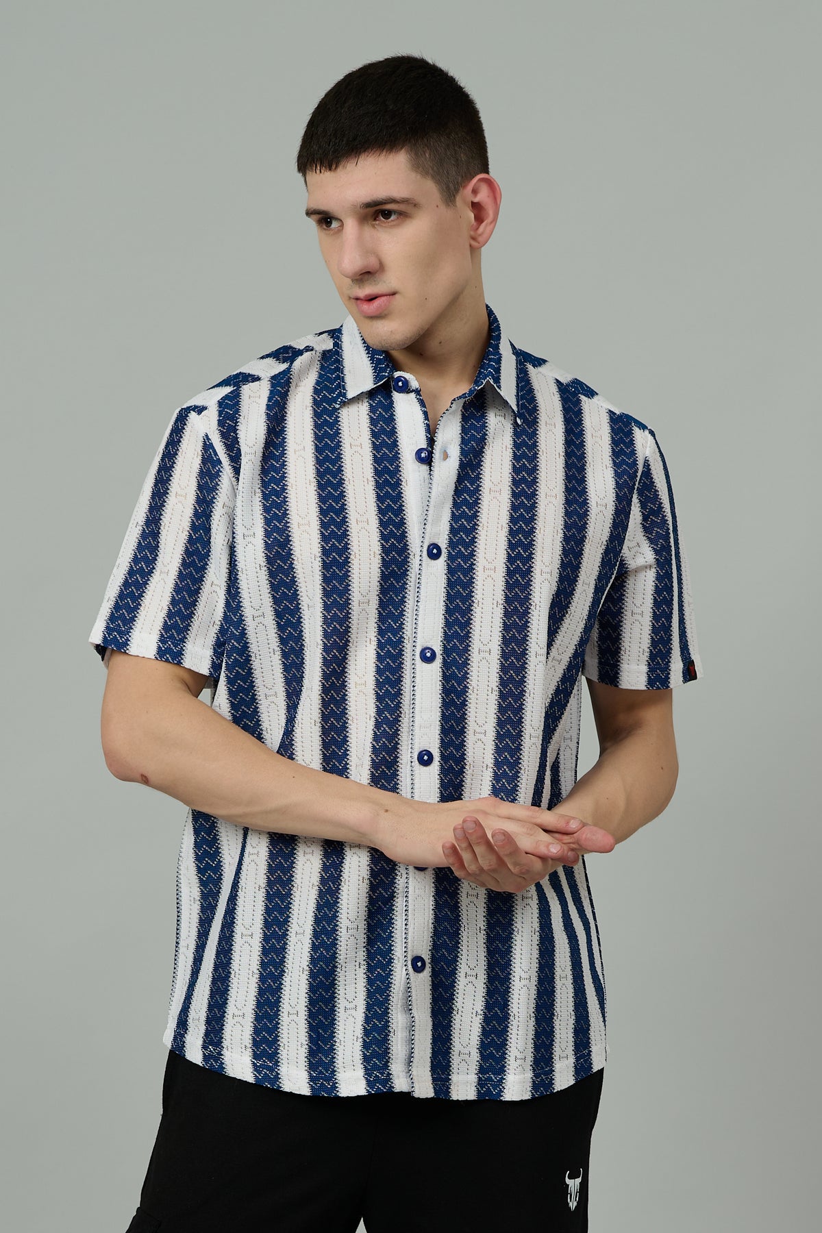 Dark Blue & White Crochet Multi Striped Casual Shirt for Men