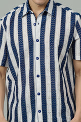 Dark Blue & White Crochet Multi Striped Casual Shirt for Men