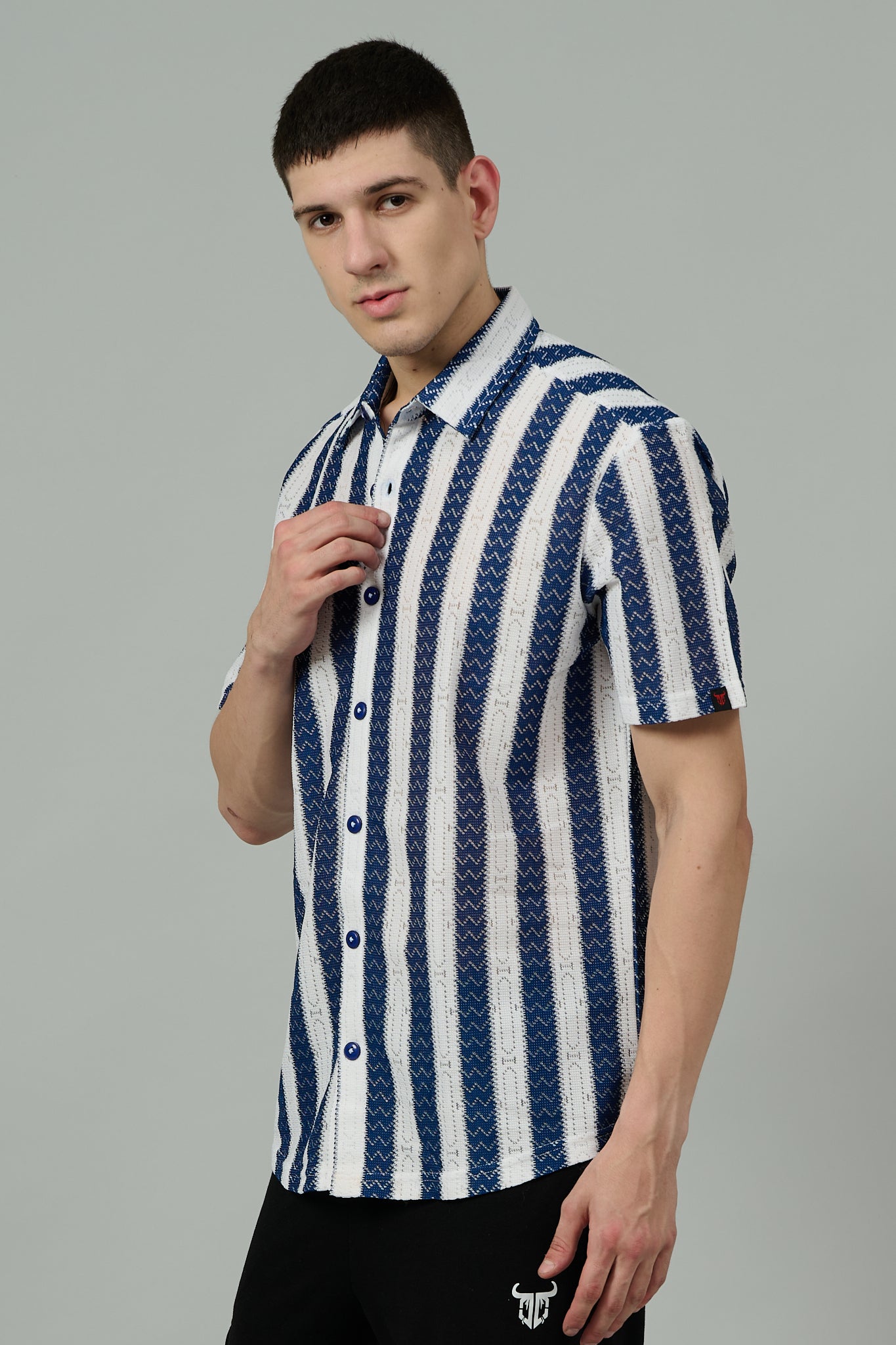 Dark Blue & White Crochet Multi Striped Casual Shirt for Men