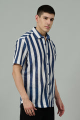 Dark Blue & White Crochet Multi Striped Casual Shirt for Men