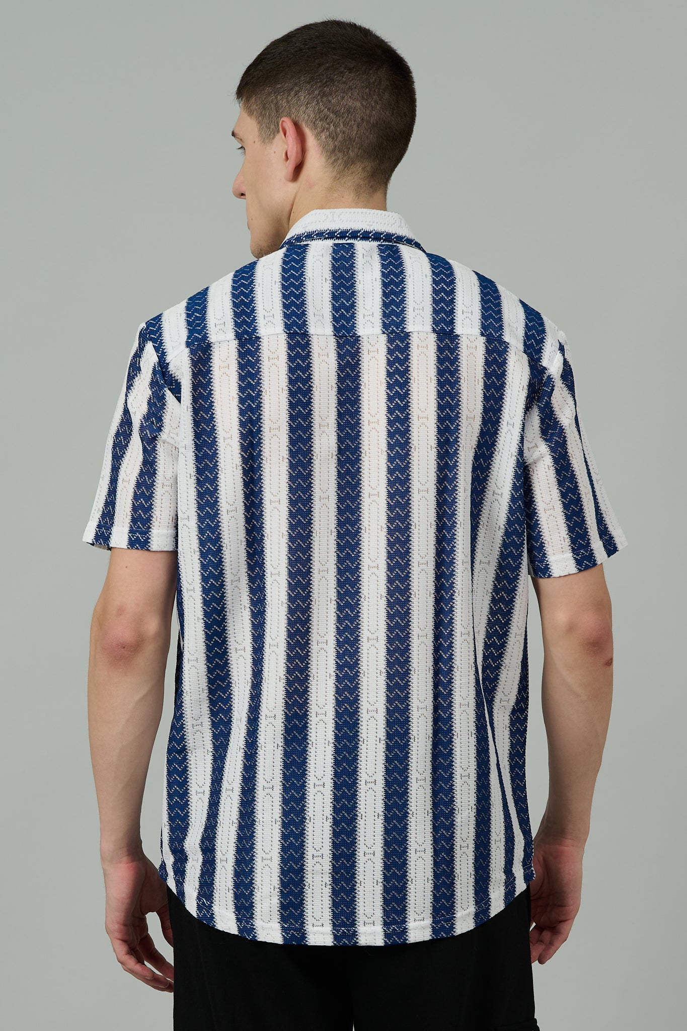 Dark Blue & White Crochet Multi Striped Casual Shirt for Men