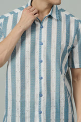 Sky Blue & White Multi Striped Casual Shirt for Men