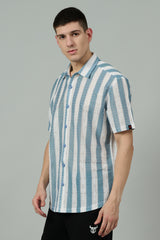 Sky Blue & White Multi Striped Casual Shirt for Men