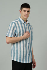 Sky Blue & White Multi Striped Casual Shirt for Men