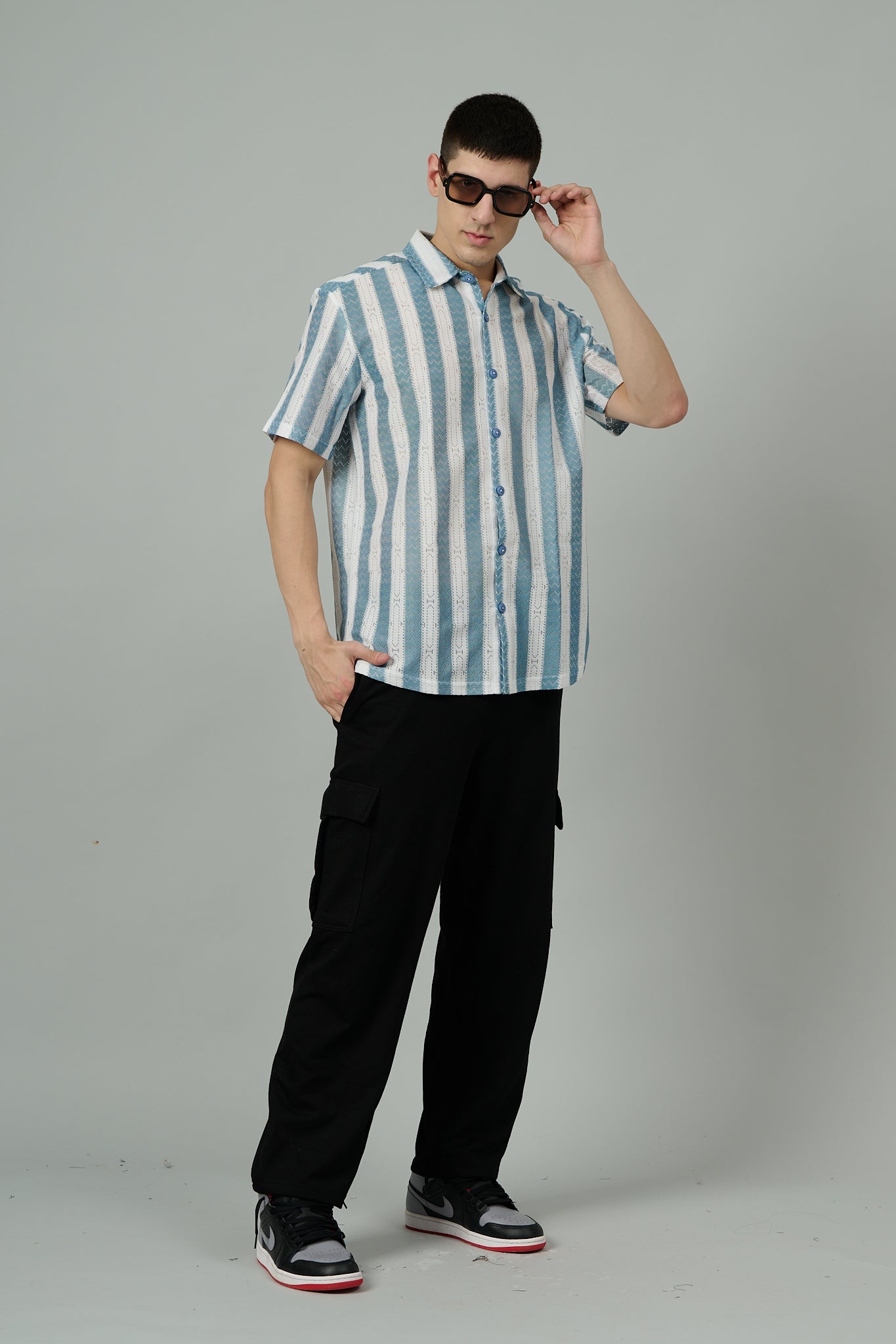 Sky Blue & White Multi Striped Casual Shirt for Men