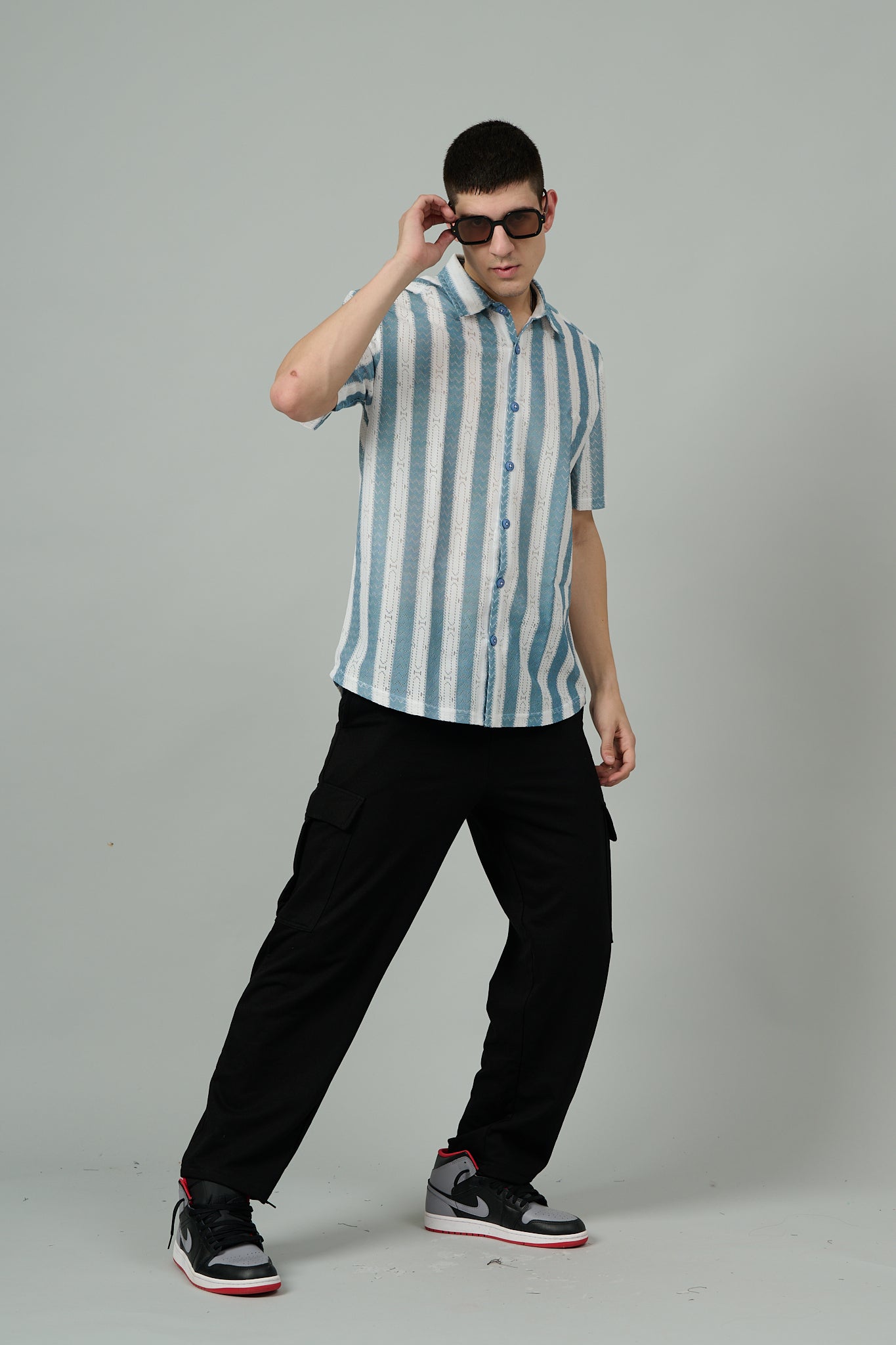 Sky Blue & White Multi Striped Casual Shirt for Men