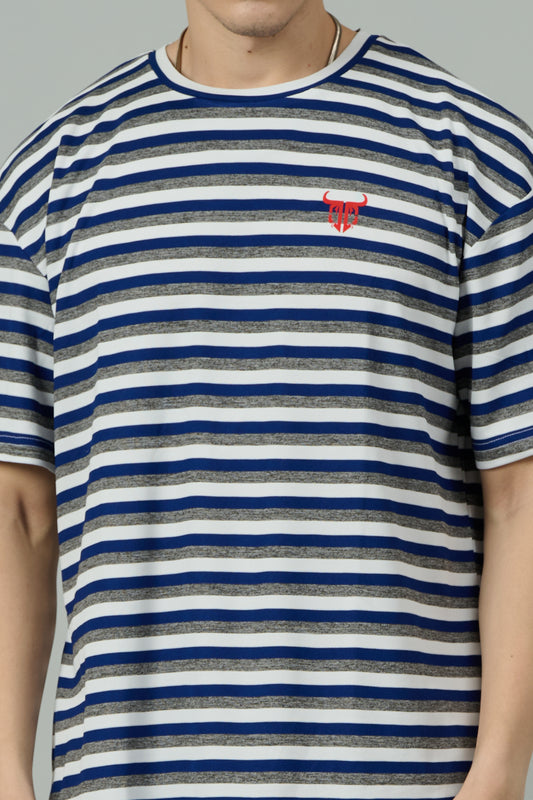 Multi Striped Casual Blue, Grey & White Oversized T-Shirt for Men