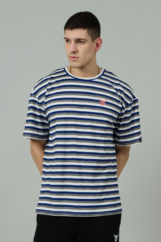 Multi Striped Casual Blue, Grey & White Oversized T-Shirt for Men