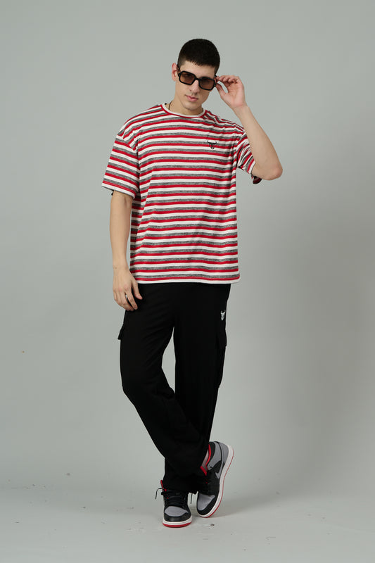Multi Striped Casual Red, Grey & White Oversized T-Shirt for Men