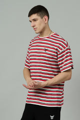 Multi Striped Casual Red, Grey & White Oversized T-Shirt for Men